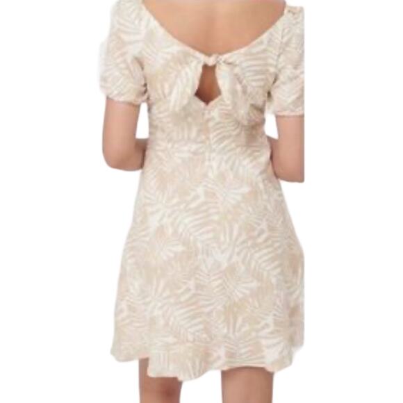 Ann Taylor LOFT Tan Palm Leaf Linen Square Neck Puff Sleeve Dress sz 12 NEW Tags - Picture 2 of 13